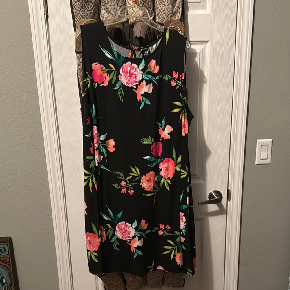 Floral Sleeveless Dress - Black with Pink and Green Accents